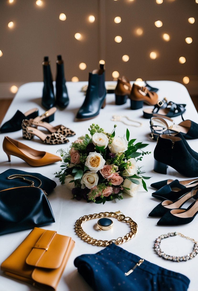 A table with various outfit options and accessories scattered around, including shoes, jewelry, and a bouquet of flowers