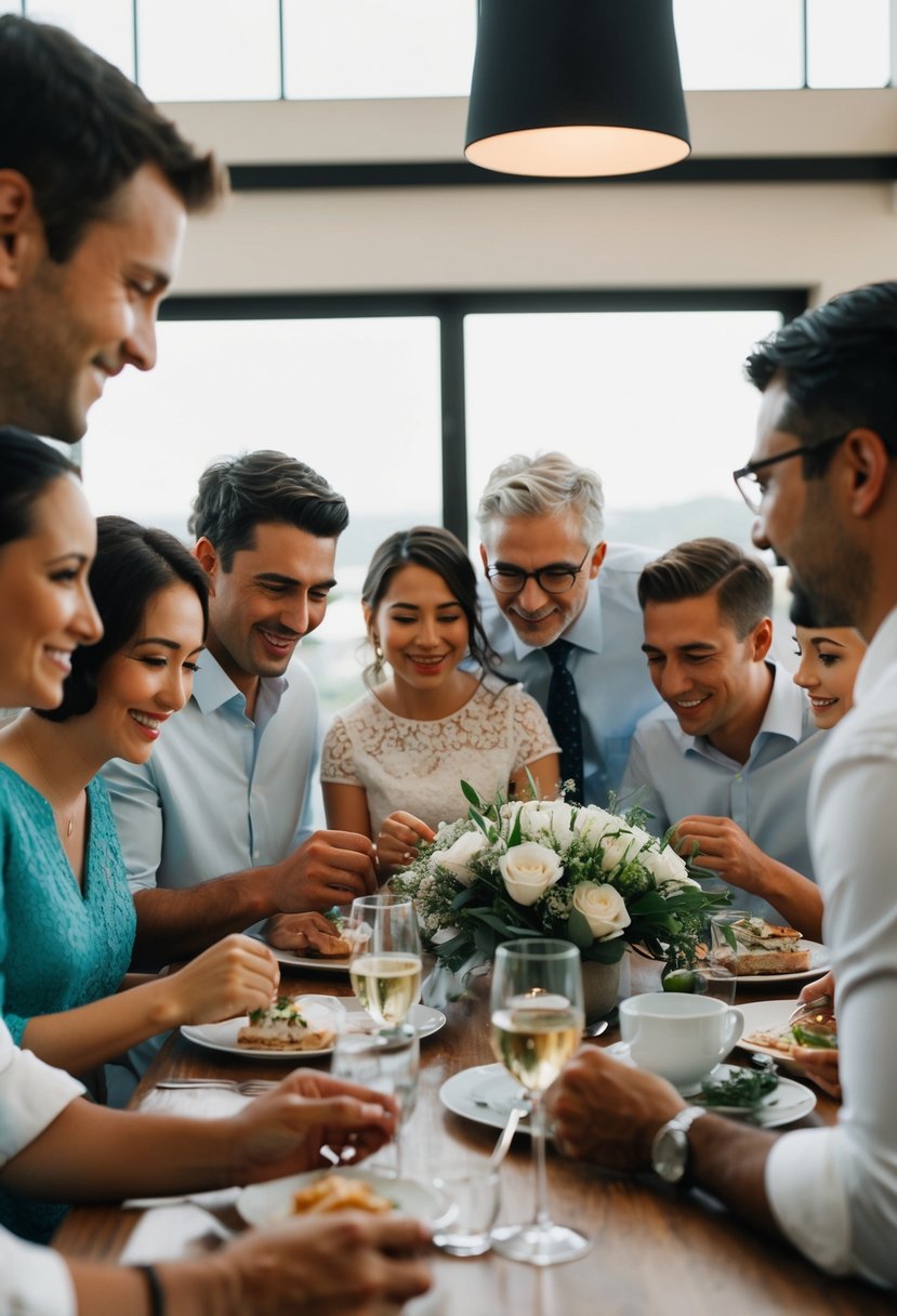 Friends and family gathered around a table, exchanging tasks and making last-minute preparations for a wedding