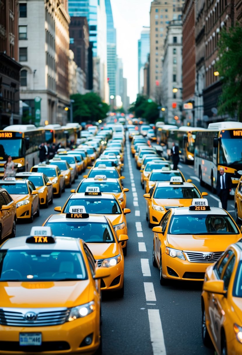 A bustling city street with taxis and buses lined up, ready to transport wedding guests. Busy traffic and people rushing around