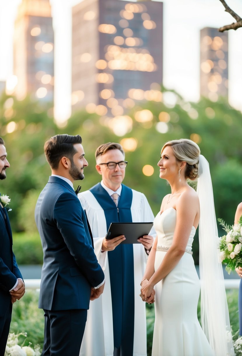 The officiant and couple stand together, going over final details for the wedding ceremony. The officiant gestures and speaks while the couple listens attentively