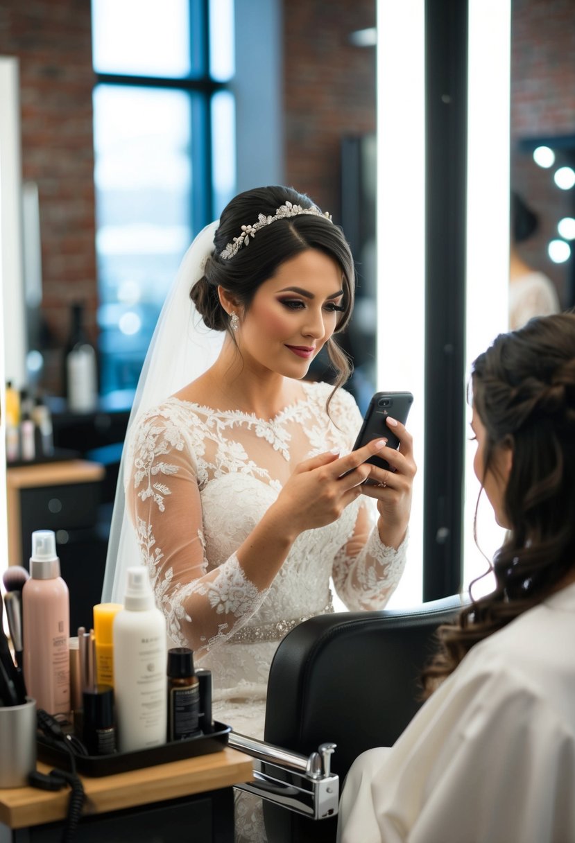 A bride checking her phone while sitting in a makeup chair, surrounded by hairstyling tools and products