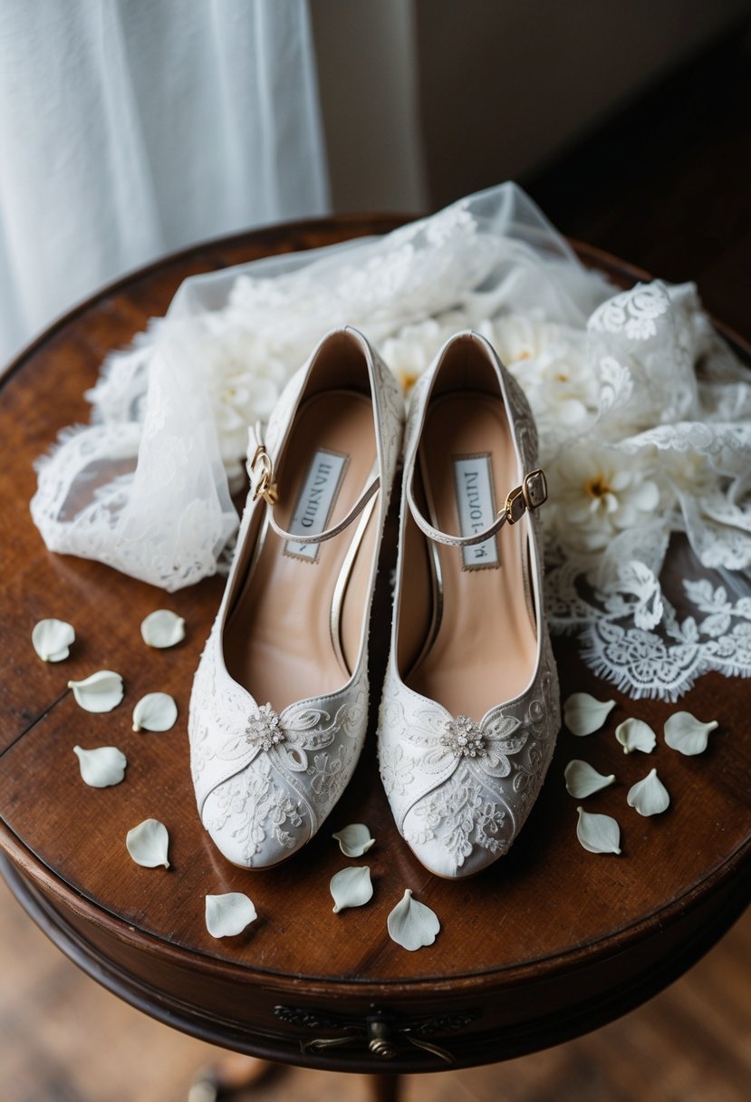 A pair of elegant wedding shoes placed on a vintage wooden table, surrounded by delicate lace fabric and a scattering of flower petals