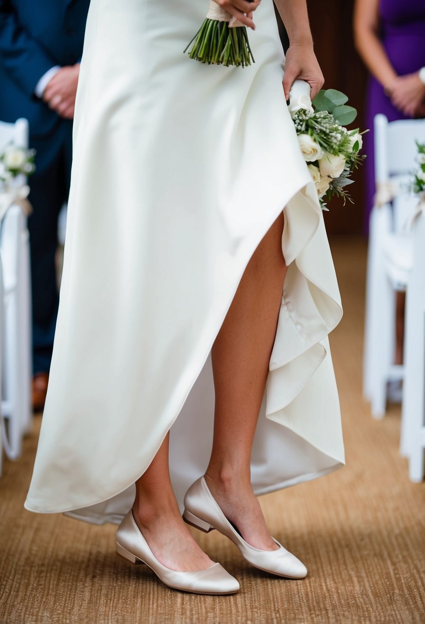 A bride kicks off her high heels and slips into a pair of soft, cushioned flats, sighing with relief as she walks down the aisle