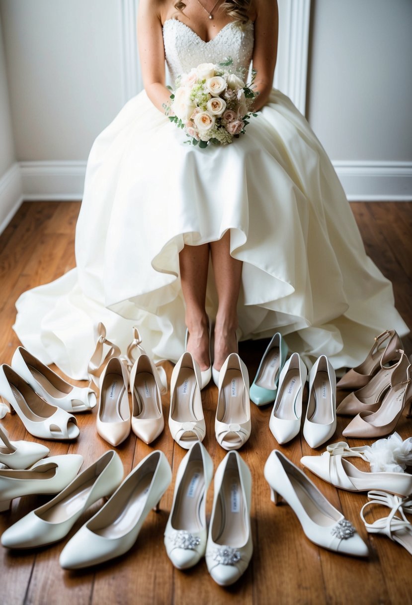 A bride sits surrounded by a variety of shoes in shades of white, ivory, and pastel colors, carefully comparing each pair to her wedding dress