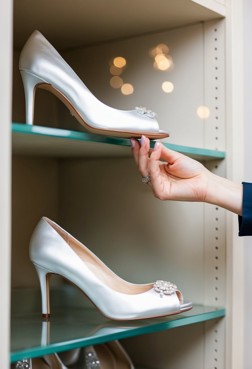 A woman's hand reaching for a pair of elegant wedding shoes on a shelf, carefully considering the heel height