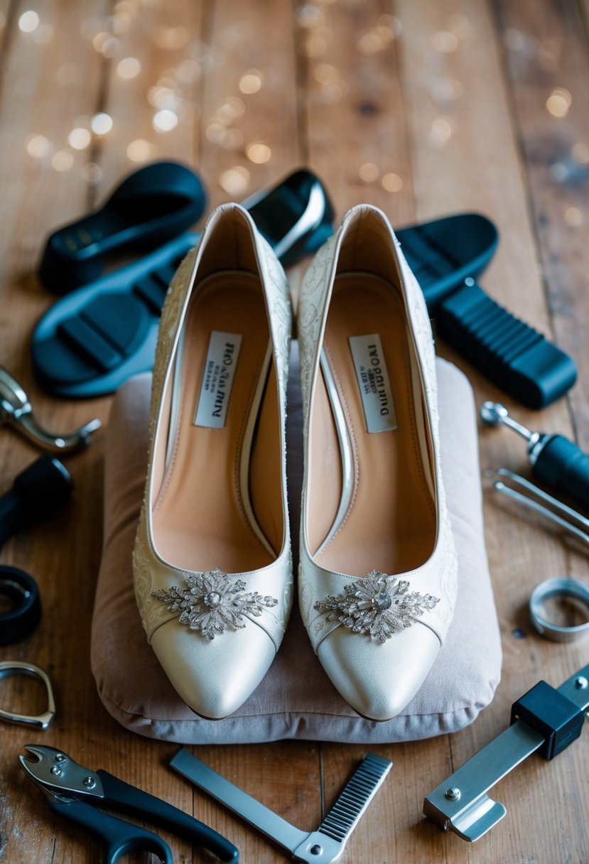 A pair of elegant wedding shoes placed on a soft cushion, surrounded by a variety of shoe stretching tools and accessories