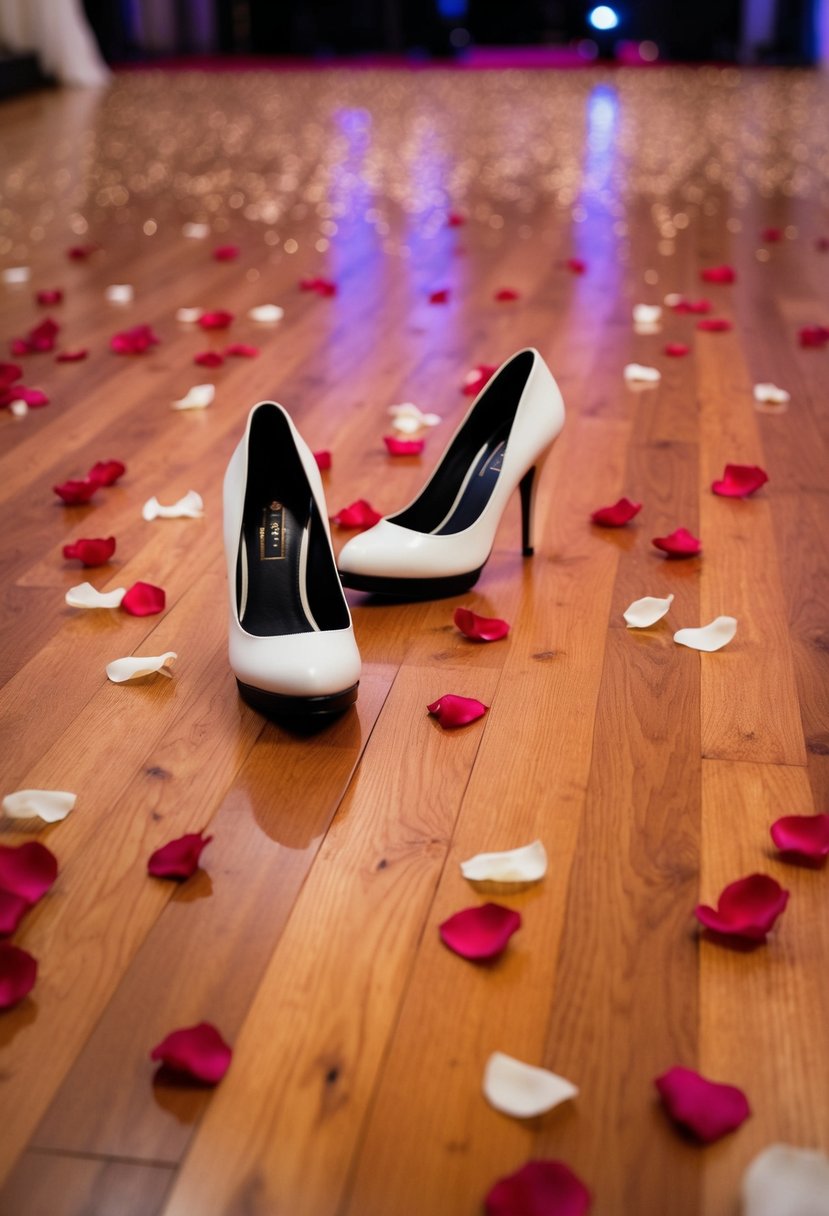 A hardwood dance floor with scattered rose petals and high heels