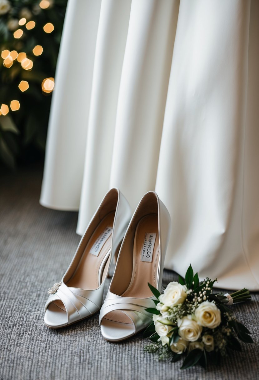 A pair of elegant wedding shoes placed next to a dress, with a bouquet of flowers nearby