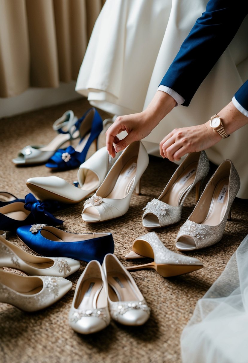 A collection of various wedding shoes scattered on the floor, with one pair being tried on for fit at the end of the day