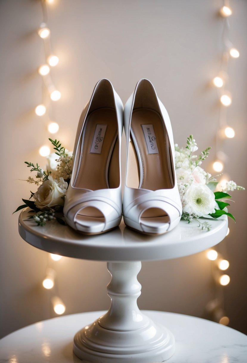 A pair of elegant high-heeled wedding shoes on a pedestal, surrounded by soft lighting and delicate floral accents