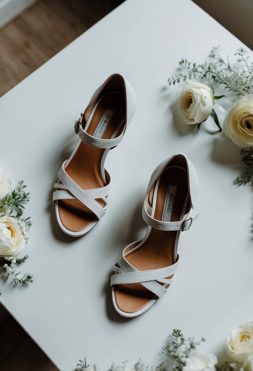 A pair of wedding shoes with adjustable straps, placed on a clean, white surface, surrounded by delicate floral decorations