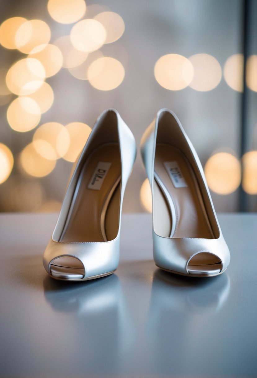 A pair of elegant wedding shoes being twirled on a smooth surface to test stability