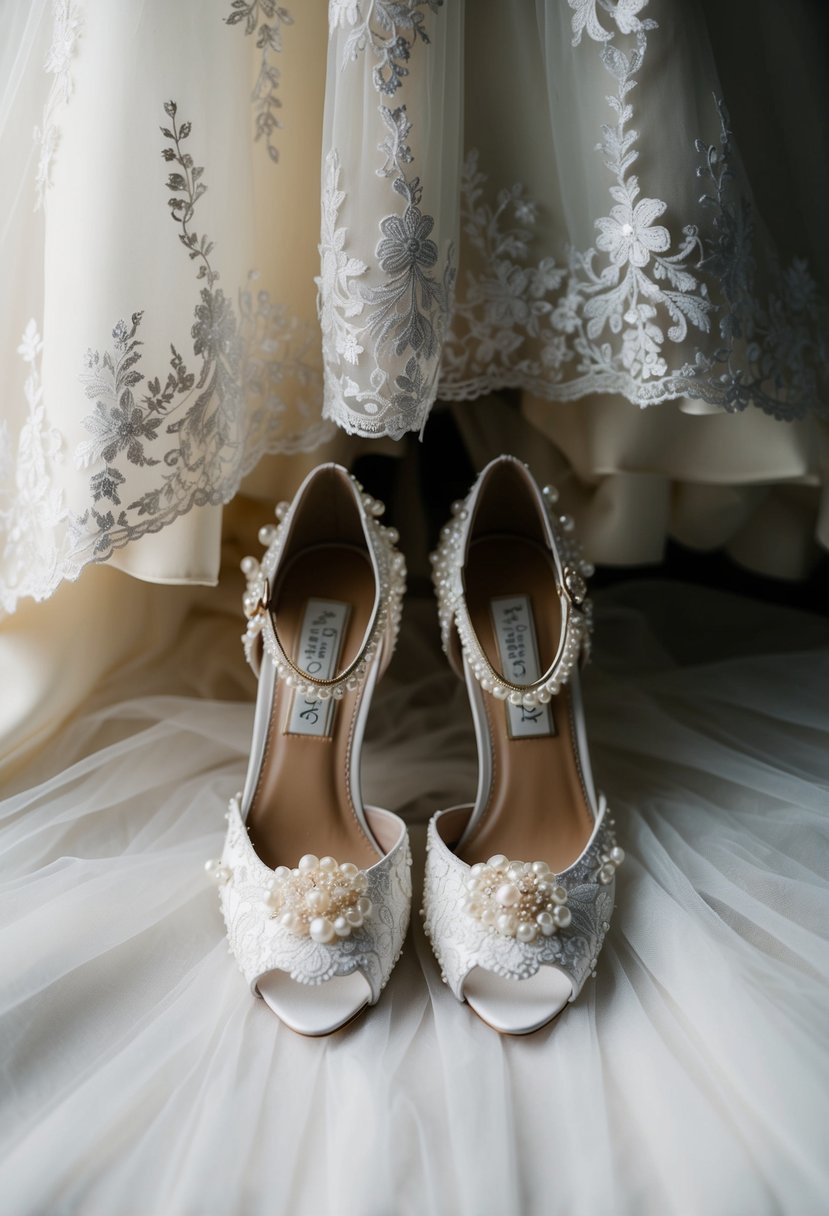 A pair of elegant wedding shoes adorned with delicate lace and pearl embellishments, perfectly matching the intricate details of a flowing bridal gown