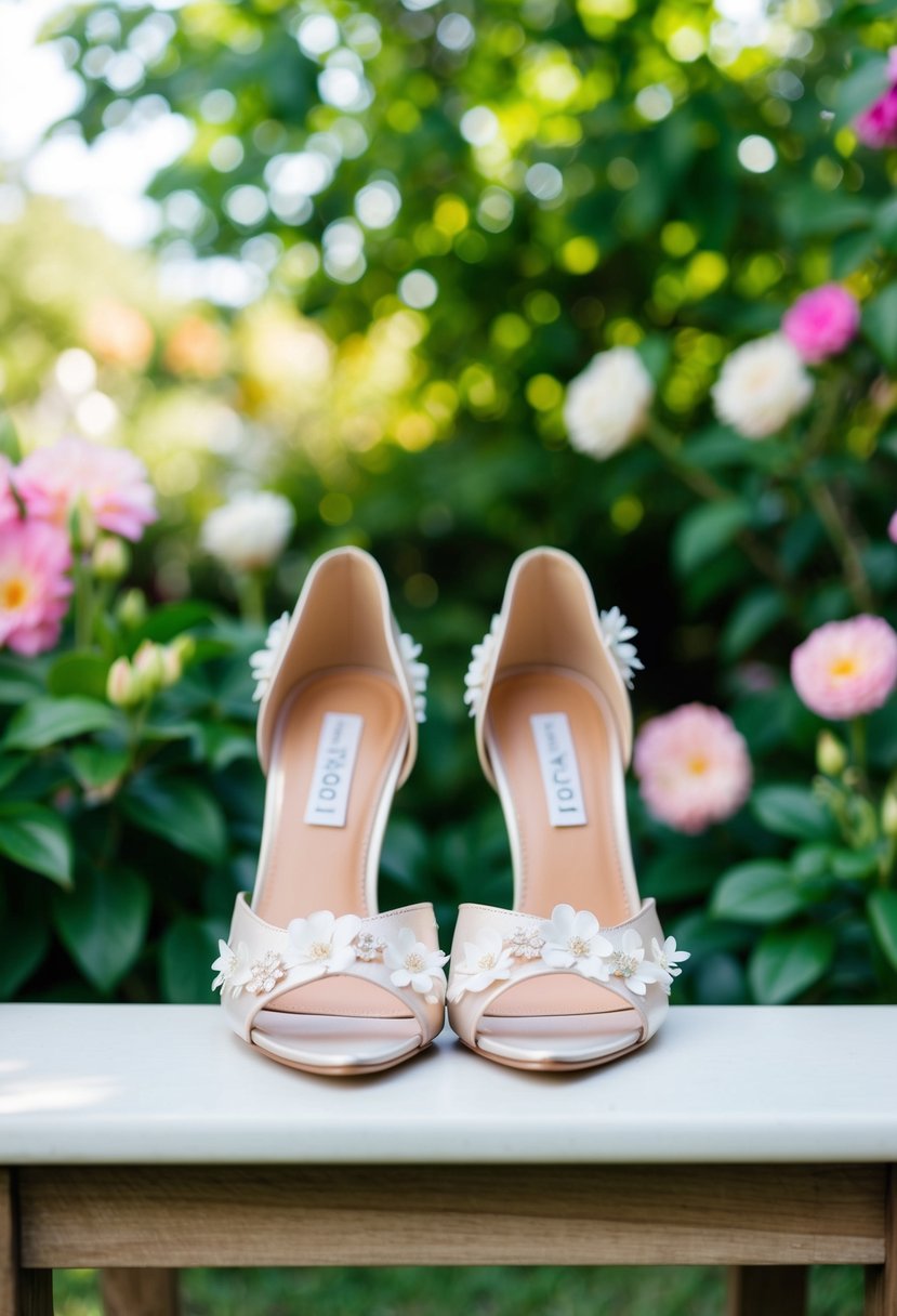 A pair of elegant, open-toed shoes with delicate floral embellishments, set against a backdrop of lush greenery and blooming flowers at a garden wedding