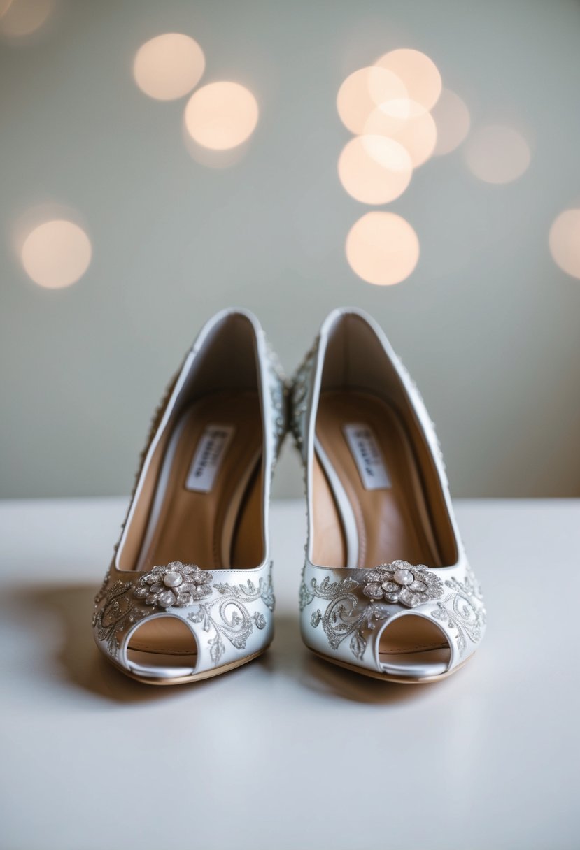 A pair of ornate wedding shoes on a simple background