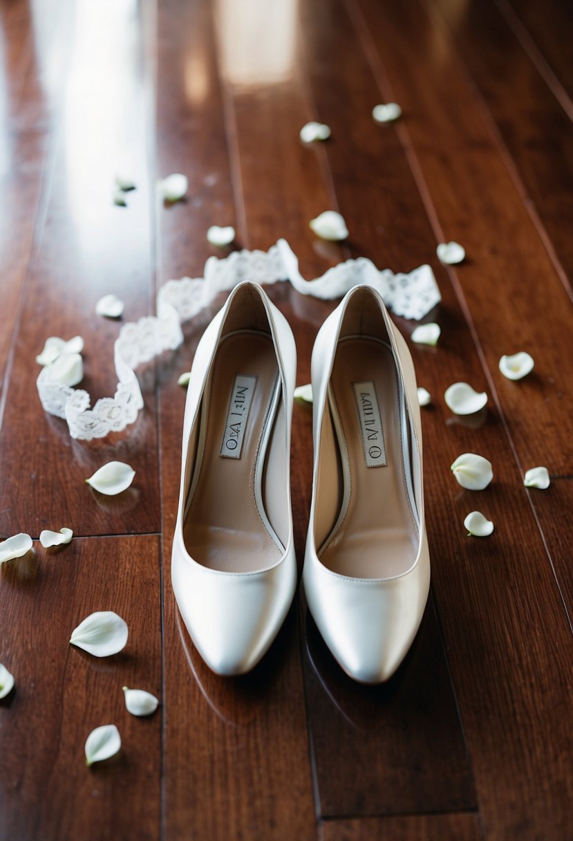 A pair of elegant wedding shoes on a polished wooden floor, surrounded by scattered flower petals and a delicate lace garter