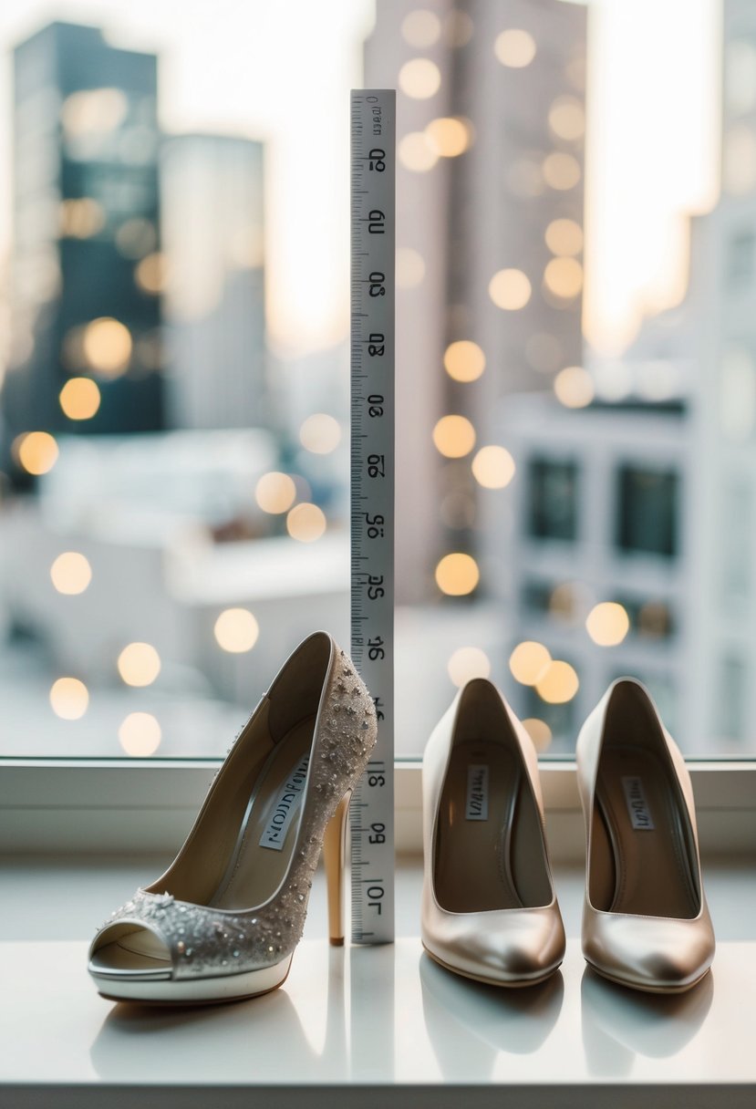 A pair of high-heeled wedding shoes placed next to a pair of completely flat shoes, with a ruler showing the difference in height