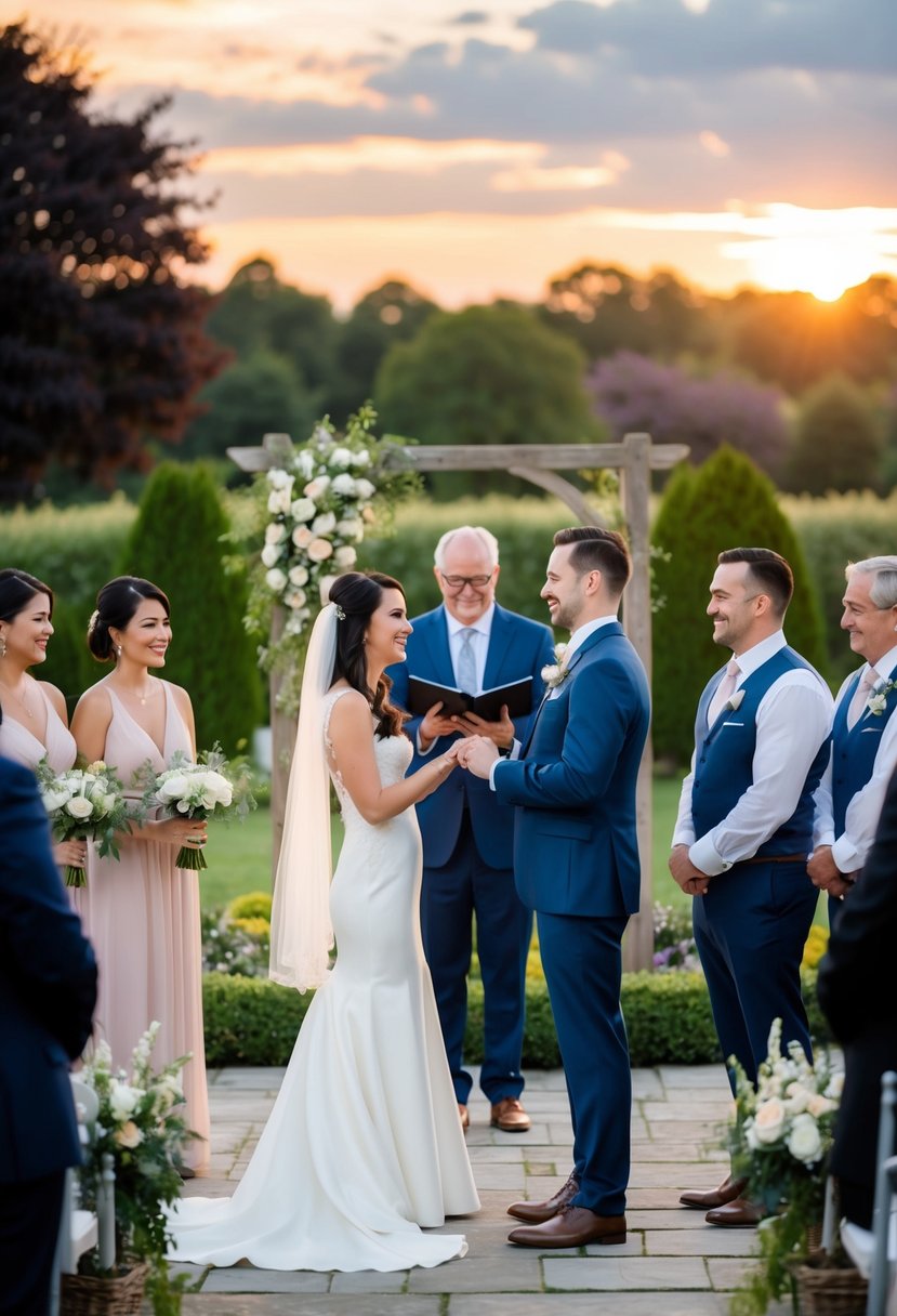 A couple exchanging vows in a serene garden, surrounded by their closest family and friends, with a beautiful sunset in the background