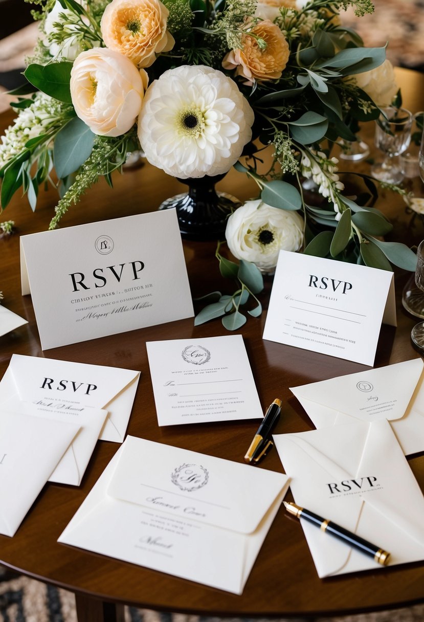 A table with various elegant RSVP wedding cards and envelopes, surrounded by decorative floral arrangements and a fountain pen