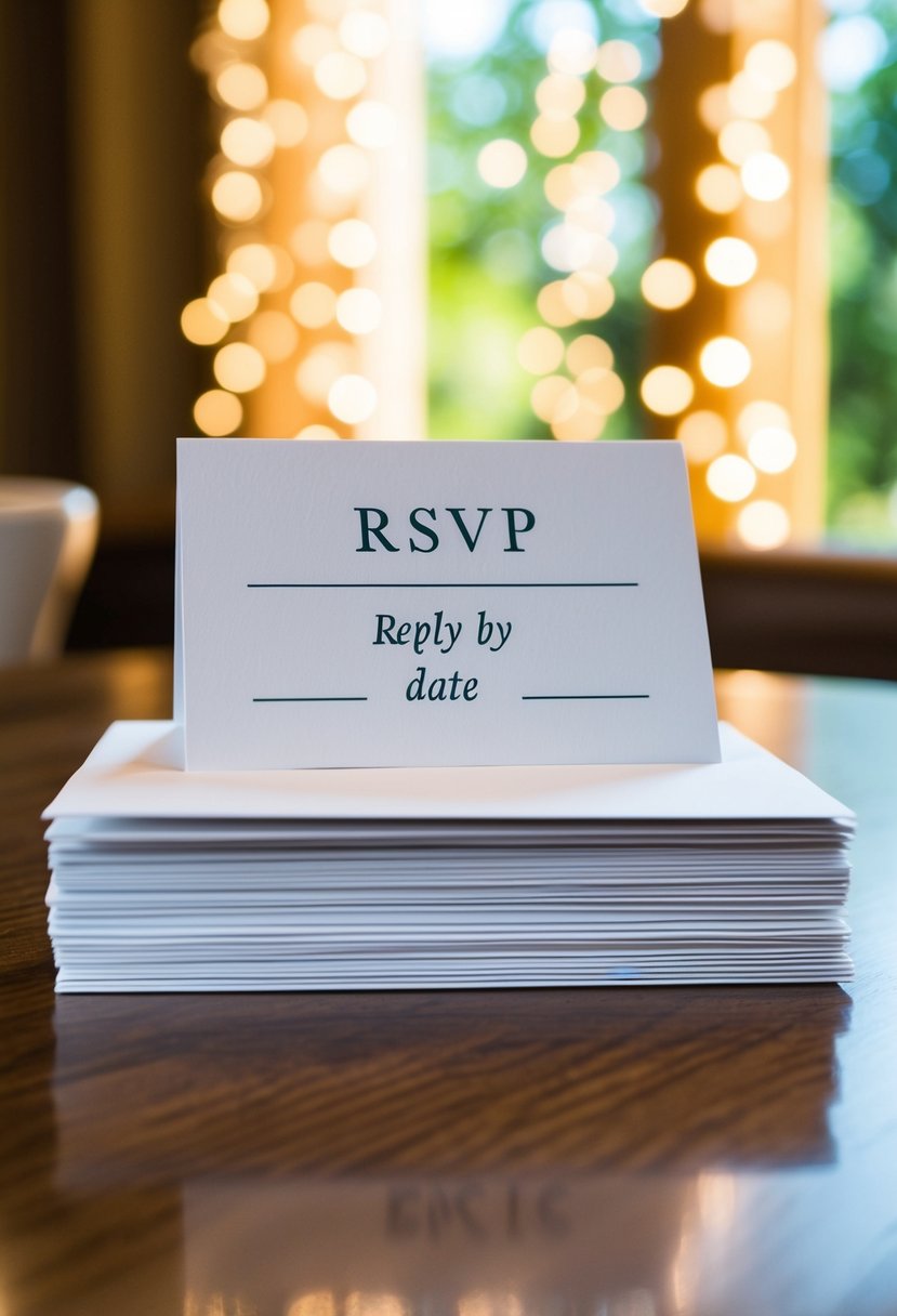 A stack of elegant RSVP wedding cards with a "Reply by" date prominently displayed