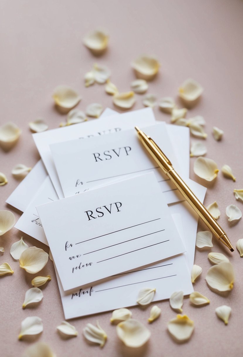 A pile of elegant wedding RSVP cards, each with a blank line for guest names, surrounded by a scattering of delicate floral petals and a gold-tipped pen