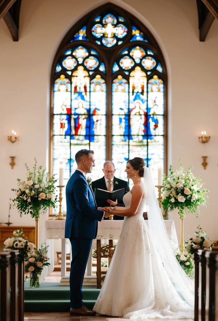 A bride and groom stand at the altar, surrounded by flowers and candles, as the sunlight streams through stained glass windows in a beautiful church