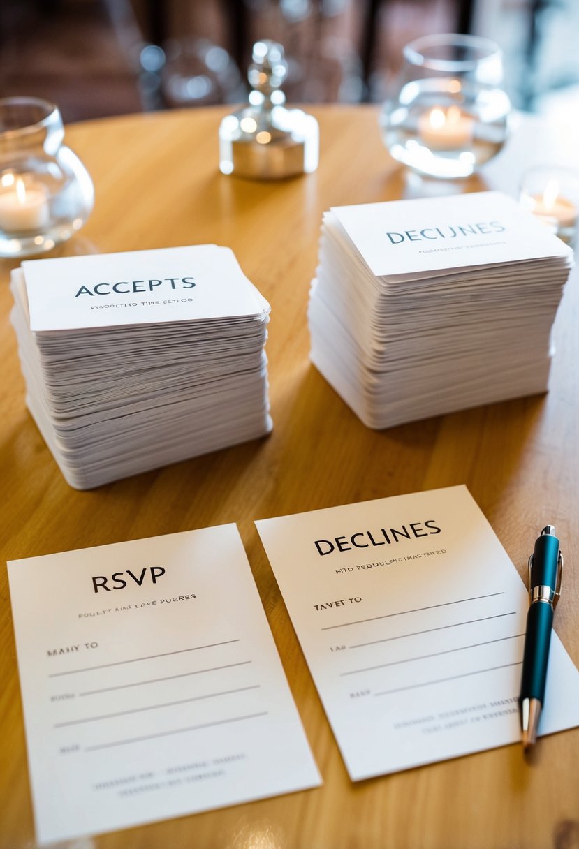 A table with two distinct piles of wedding RSVP cards, one for "Accepts" and the other for "Declines," with a pen nearby for guests to mark their choice