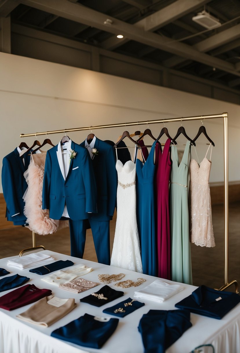 A table with various outfit options for a wedding guest, including dresses, suits, and accessories, displayed on hangers and arranged neatly