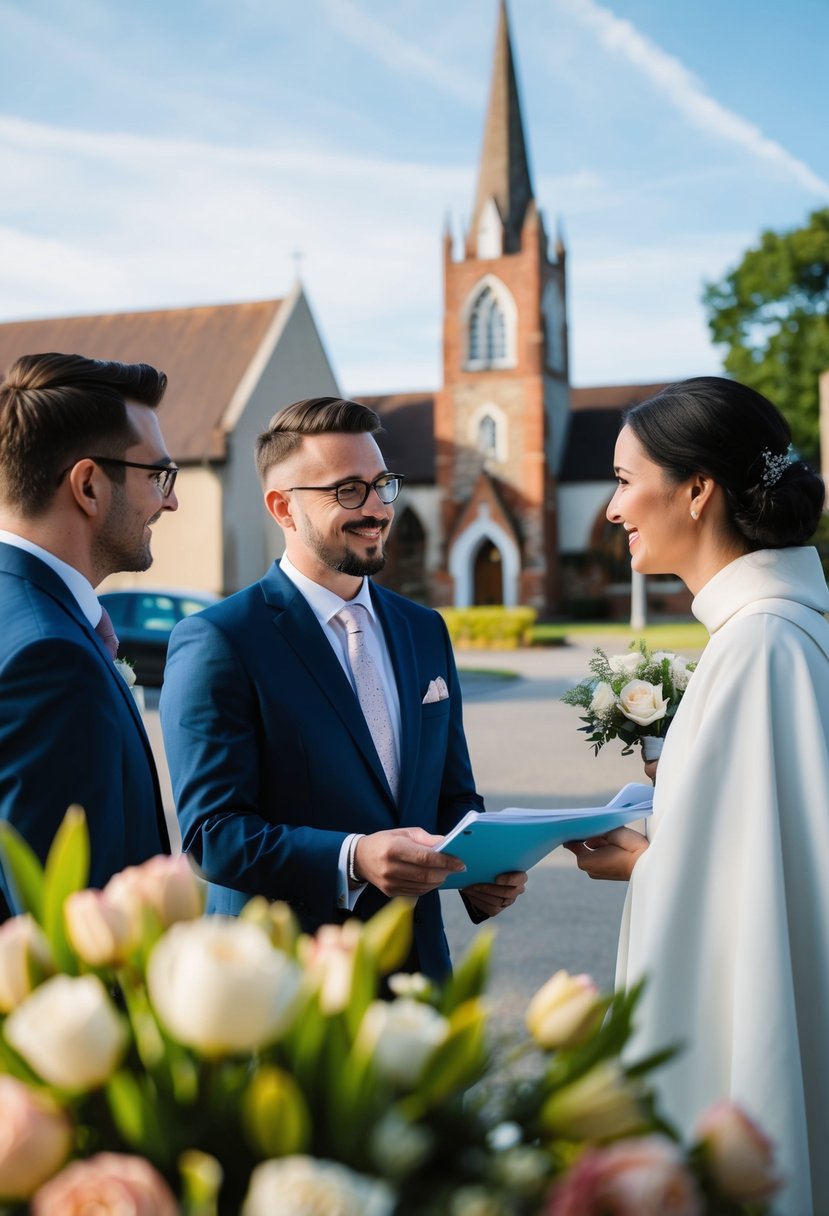 A couple meeting with a church representative to discuss wedding booking and requirements