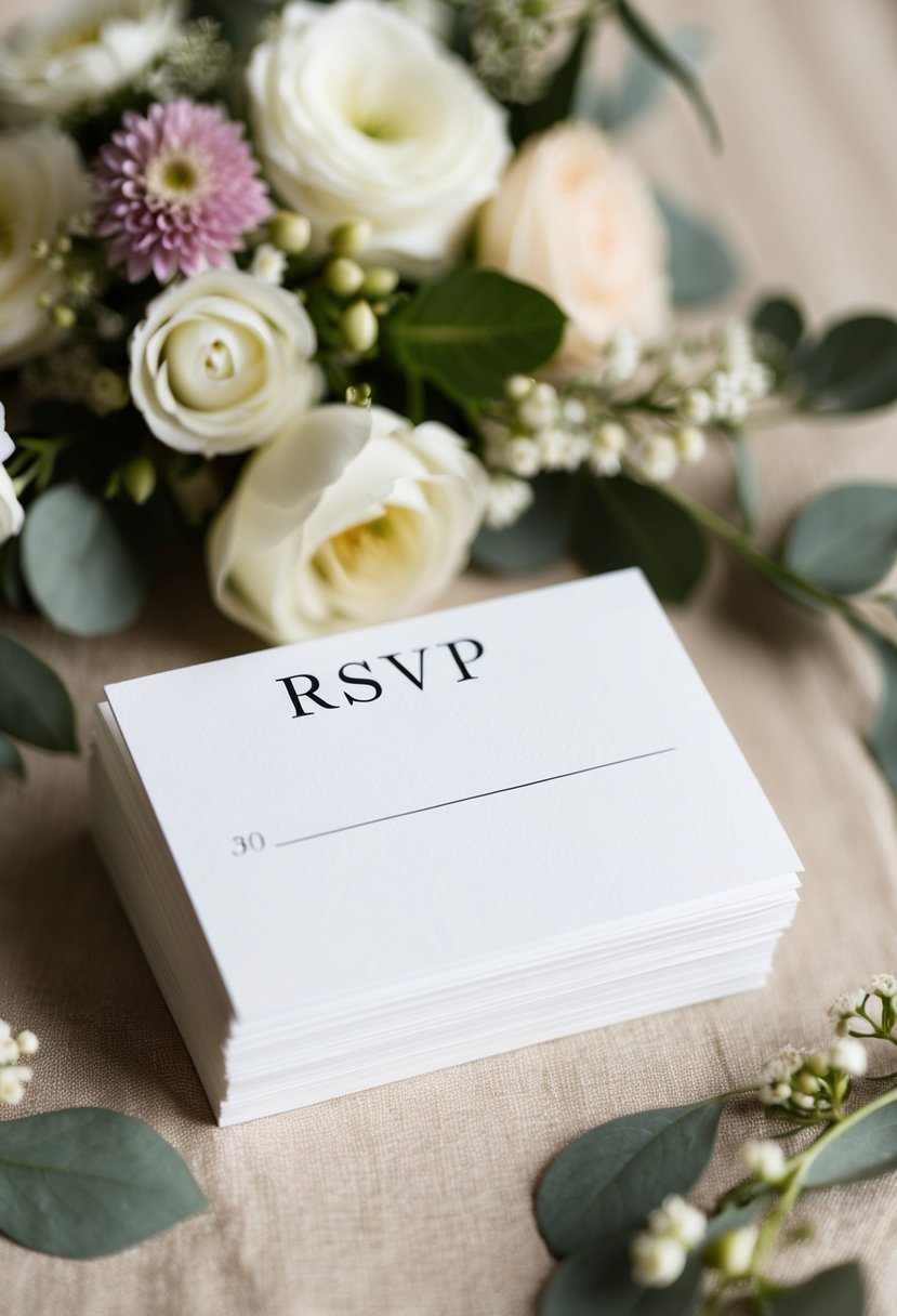 A stack of RSVP wedding cards with a blank space for the number of attendees, surrounded by elegant floral decorations