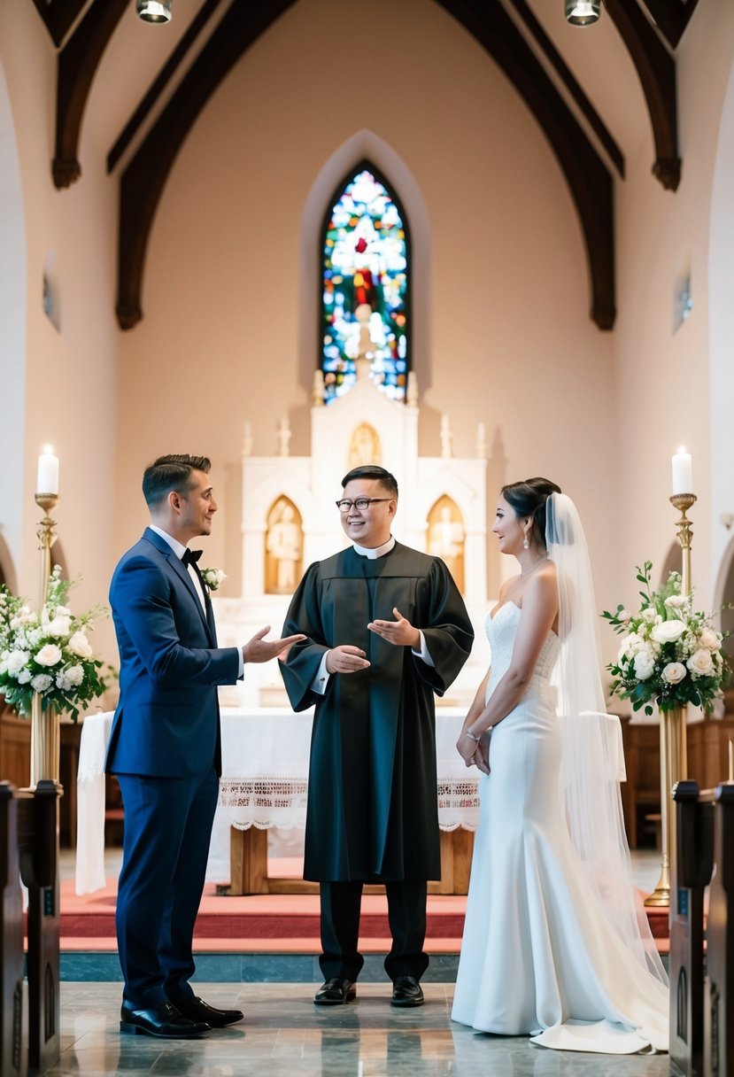 A couple and an officiant stand at the altar in a church, discussing ceremony details. The officiant gestures and points to different areas of the space