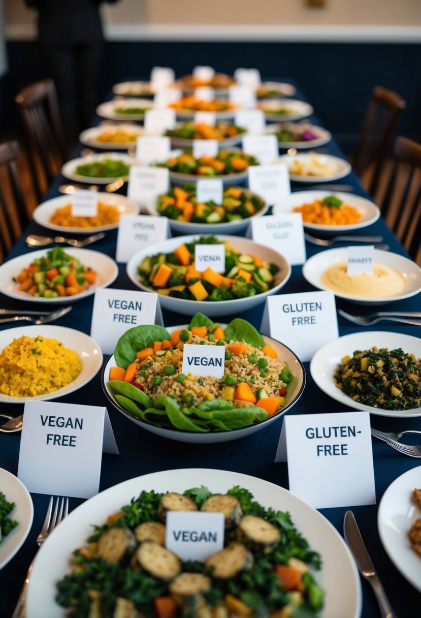 A table set with a variety of food options, including vegetarian, vegan, and gluten-free dishes, with labeled place cards for each dietary preference