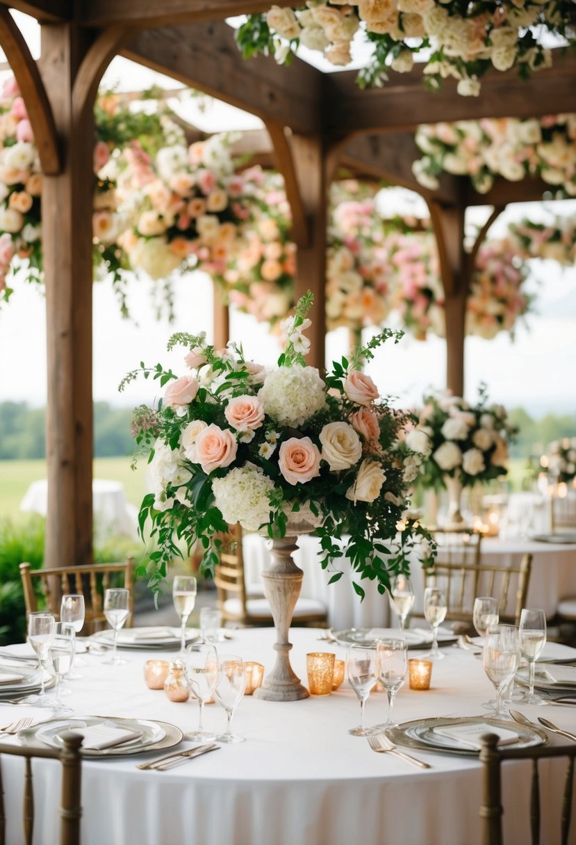 A picturesque outdoor wedding venue with blooming flowers and elegant decor