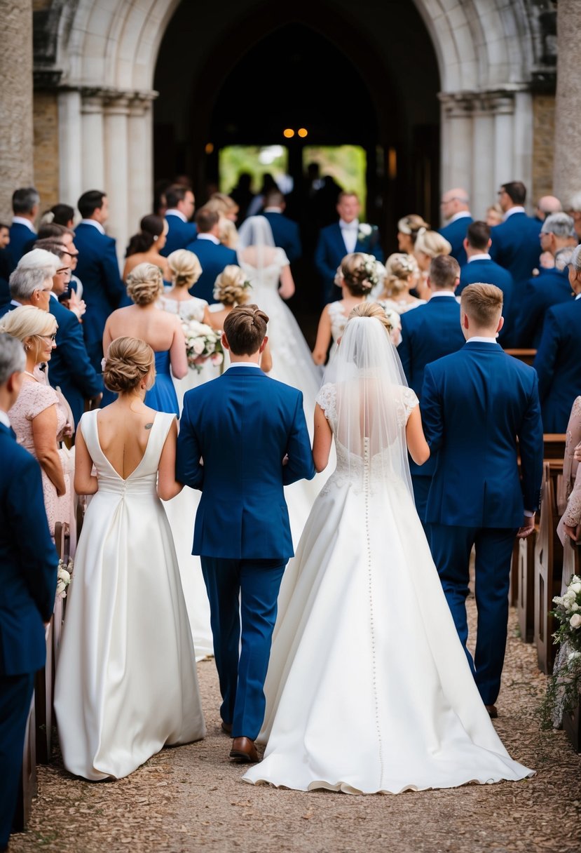 A line of wedding procession, with the bride and groom at the front, followed by the bridal party and then the guests, walking towards the church entrance