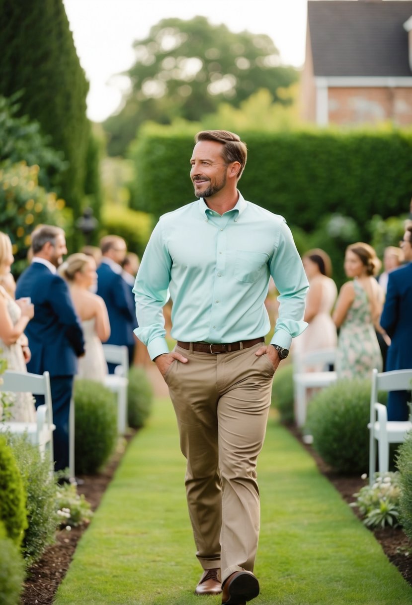 A man in khakis and a collared shirt, casually strolling through a garden at a wedding