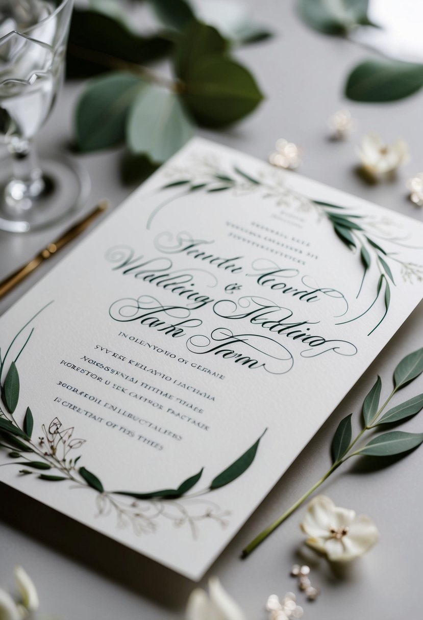 A sleek, elegant wedding invitation with intricate details and flowing calligraphy, accented with delicate ink illustrations