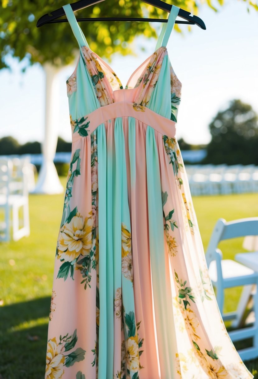 A flowing sundress or jumpsuit in a pastel color, with a floral pattern, against a backdrop of a sunny outdoor wedding venue