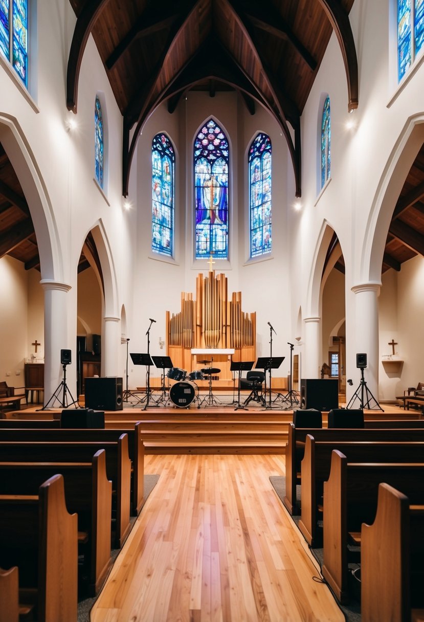 A church with high ceilings, wooden pews, and stained glass windows, with a stage set up for live music and recording equipment positioned strategically for optimal acoustics