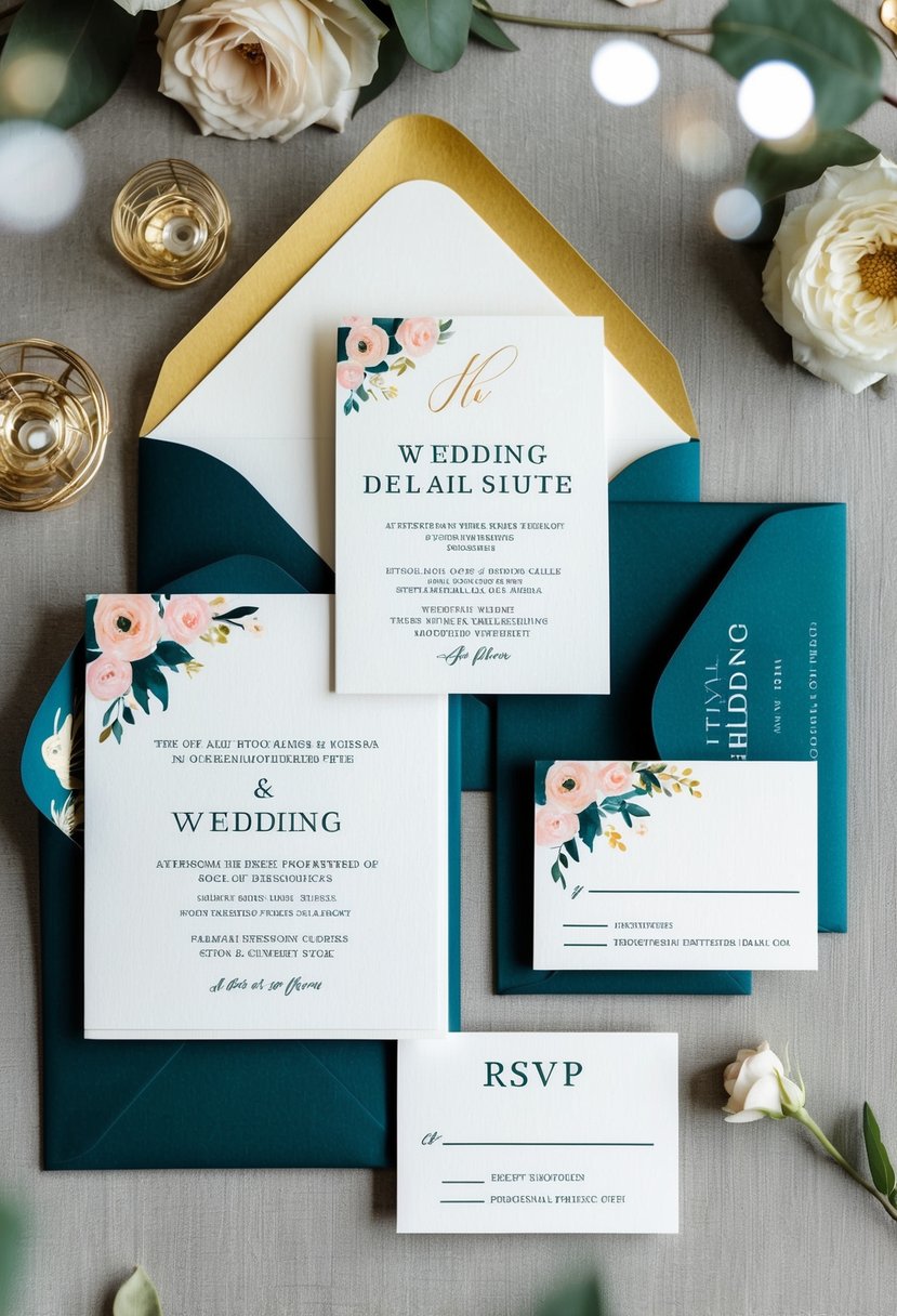 An elegant wedding invitation suite with matching RSVP cards in the theme's color palette and design elements