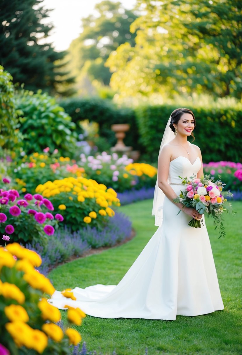 A vibrant garden with colorful flowers and greenery, where a bride stands out in her elegant white gown