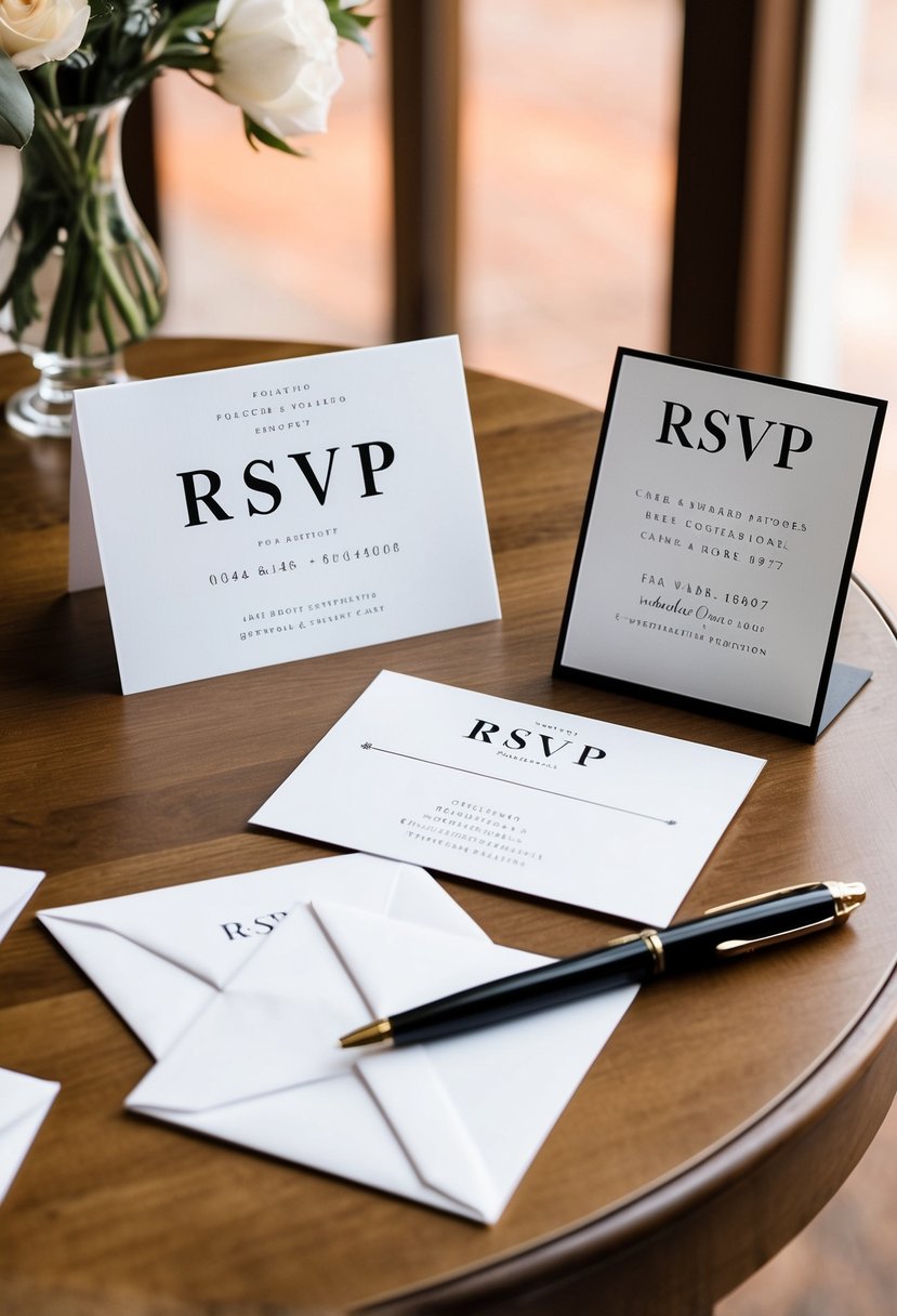 A table with elegantly designed RSVP wedding cards, a pen, and a stack of envelopes. Contact information displayed nearby