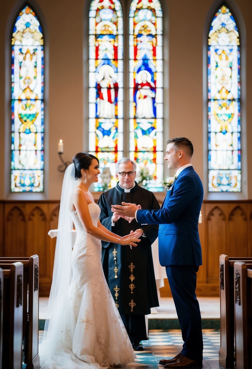 A bride and groom stand at the altar as a priest gestures with his hands. Light streams through stained glass windows, casting colorful patterns on the pews