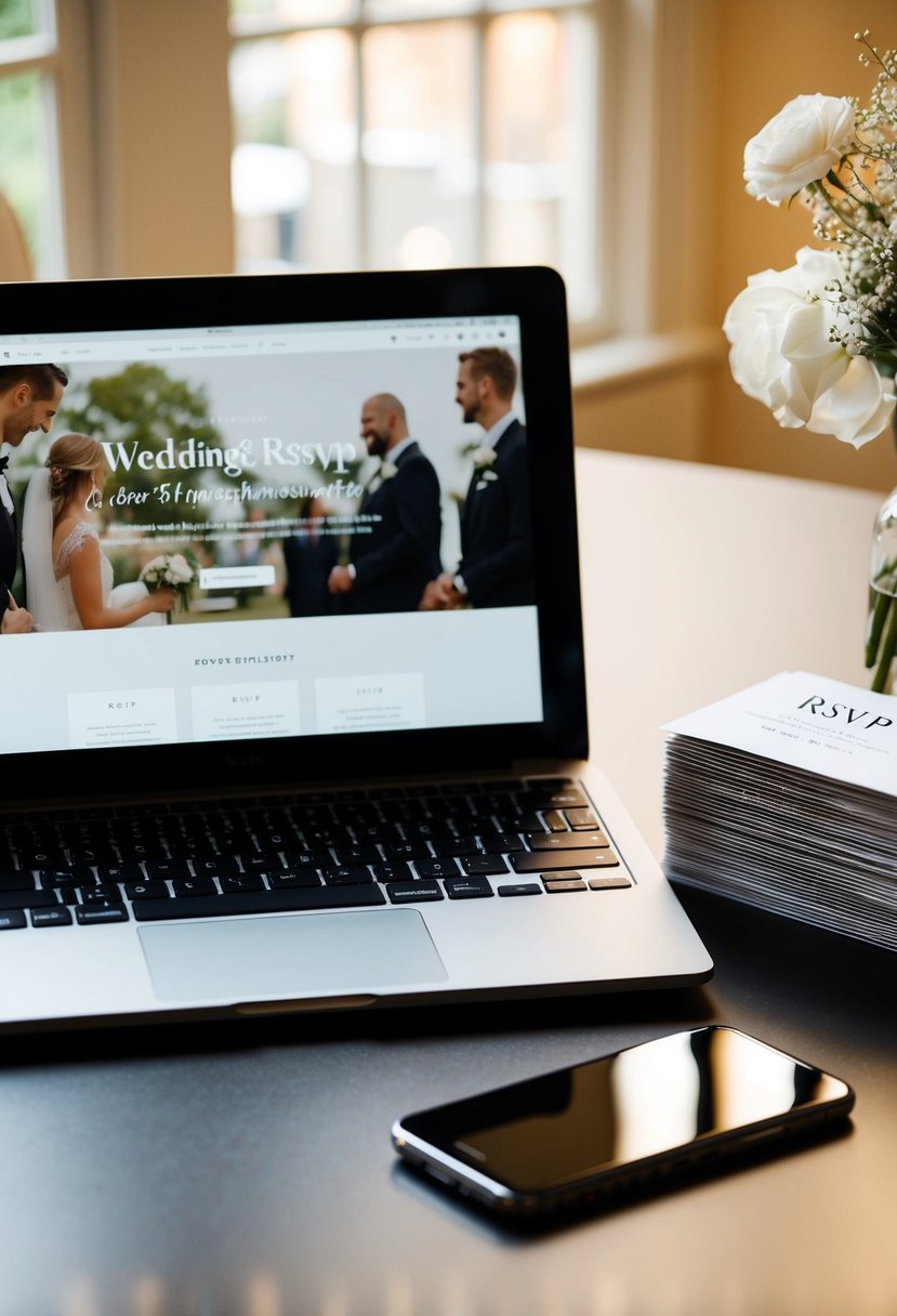 A laptop and smartphone on a table, displaying a wedding website with an RSVP section. A stack of traditional RSVP cards sits nearby