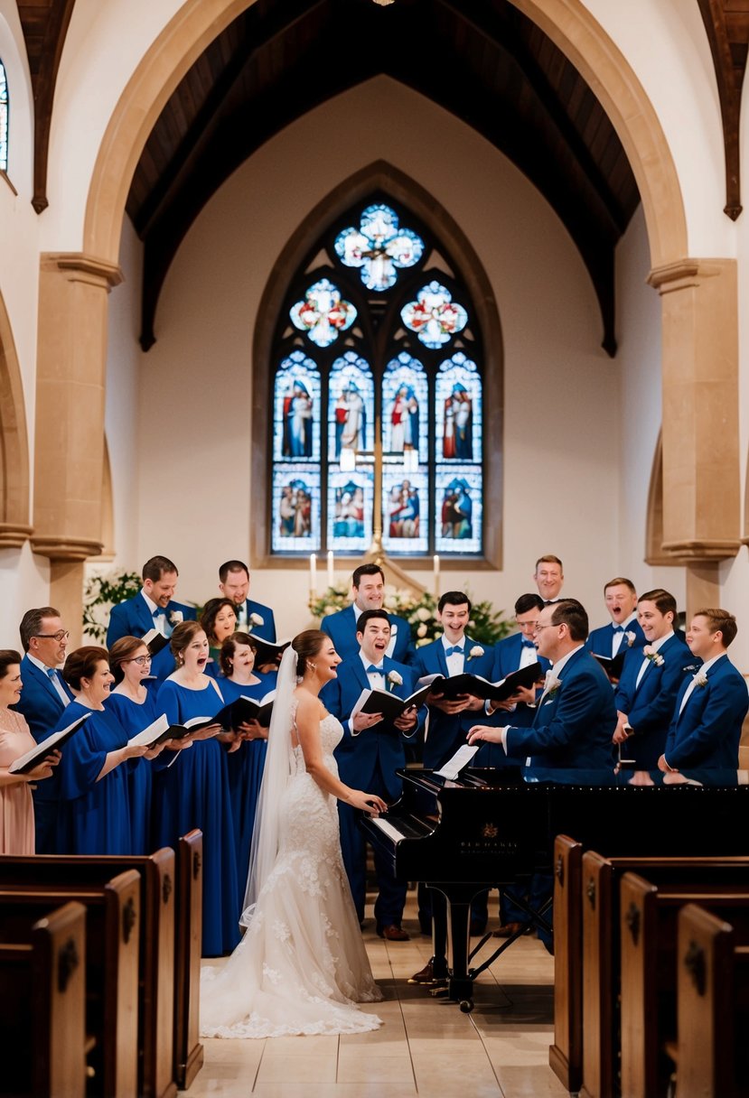 A church choir sings hymns while a pianist plays music during a wedding ceremony