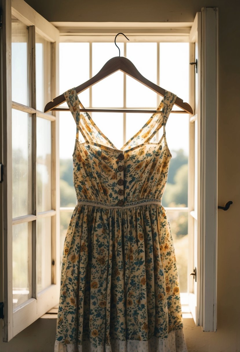 A floral dress hanging on a rustic wooden hanger, with soft sunlight streaming through an open window onto the fabric