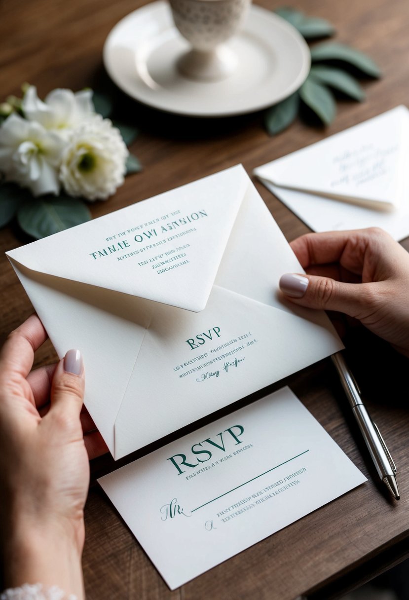 A hand holding a pre-addressed, stamped envelope with a wedding RSVP card and a pen nearby