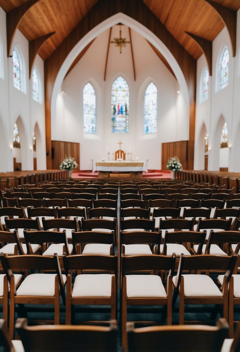 Rows of empty chairs being set up in a spacious church, ready for a wedding ceremony