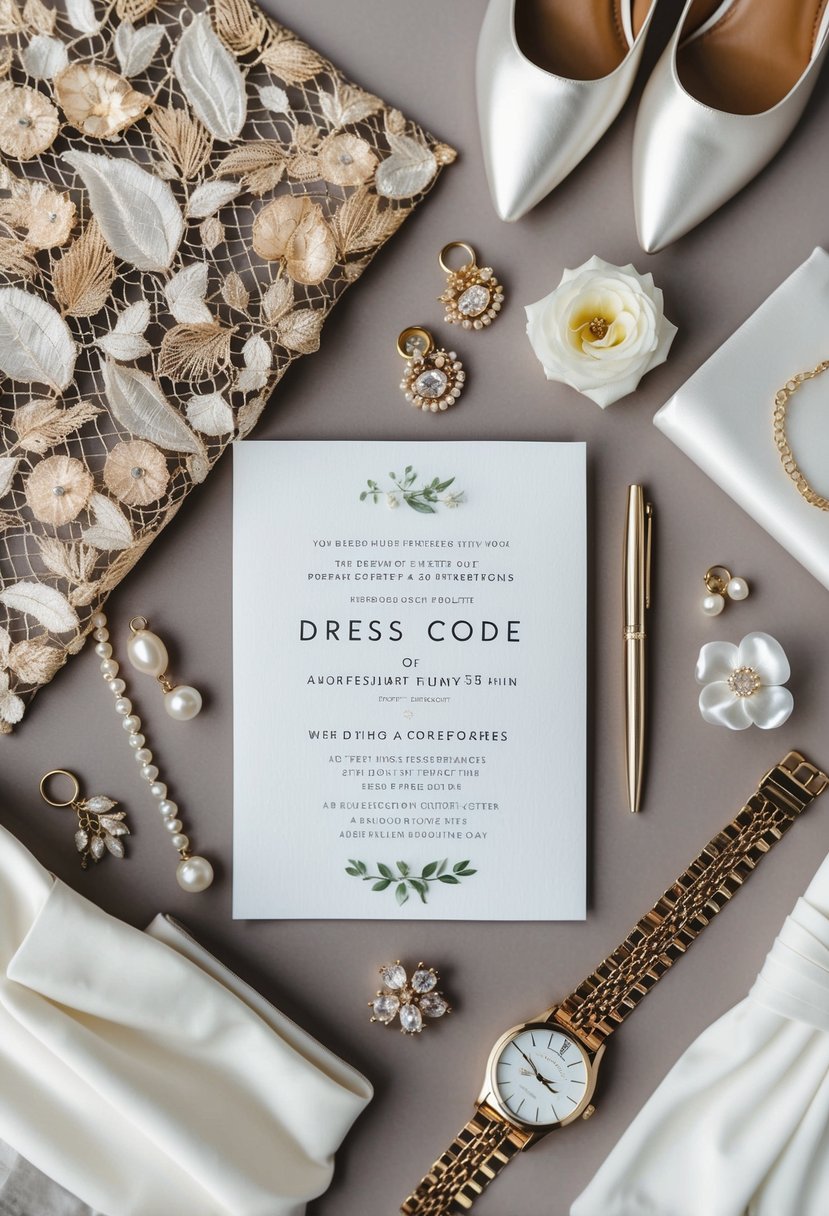 A wedding invitation with a dress code listed, surrounded by elegant clothing and accessories options