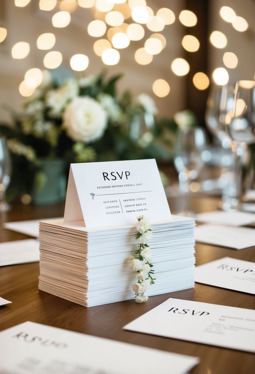 A stack of elegant wedding RSVP cards with various dress code options displayed