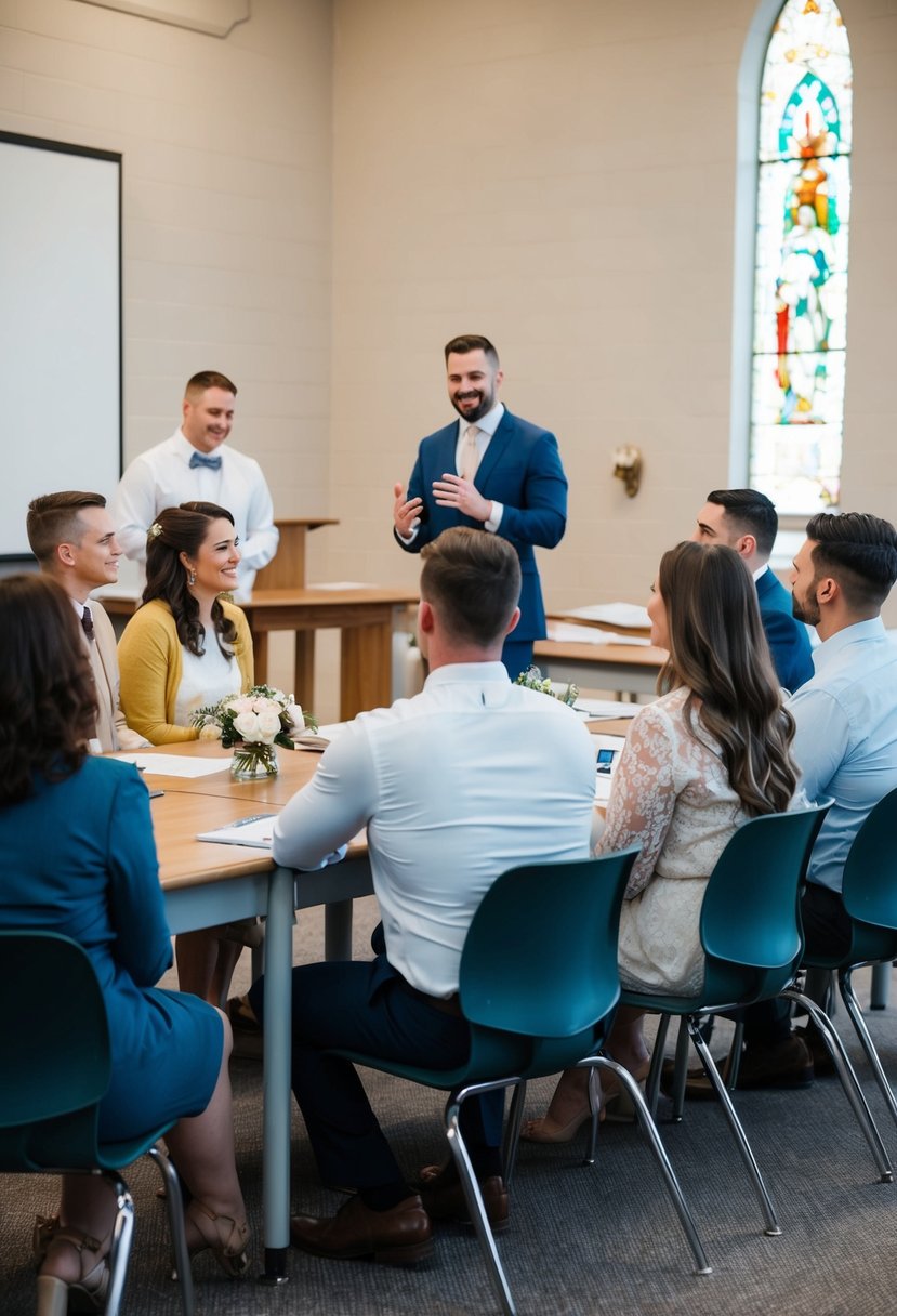 A group of couples sitting in a church classroom, listening to a marriage counselor giving tips and advice for their upcoming wedding